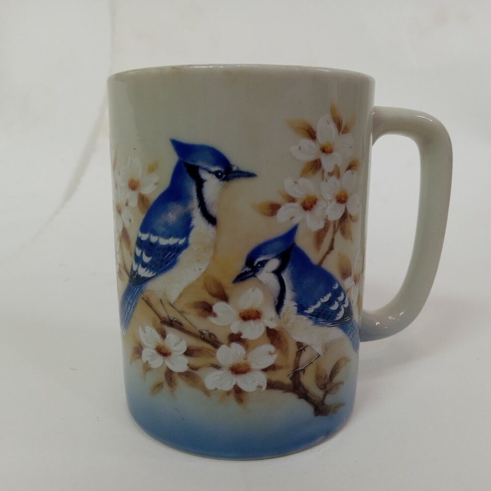 Otagiri Blue Jay Bird Coffee Mug 4" White Flowers Japan Flower Floral Blossom